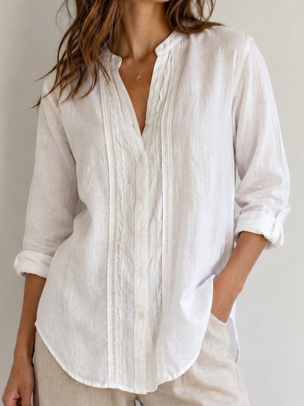 Charter Club White 100% Linen Embroidered Pintuck Button Tunic Blouse Size Mediu